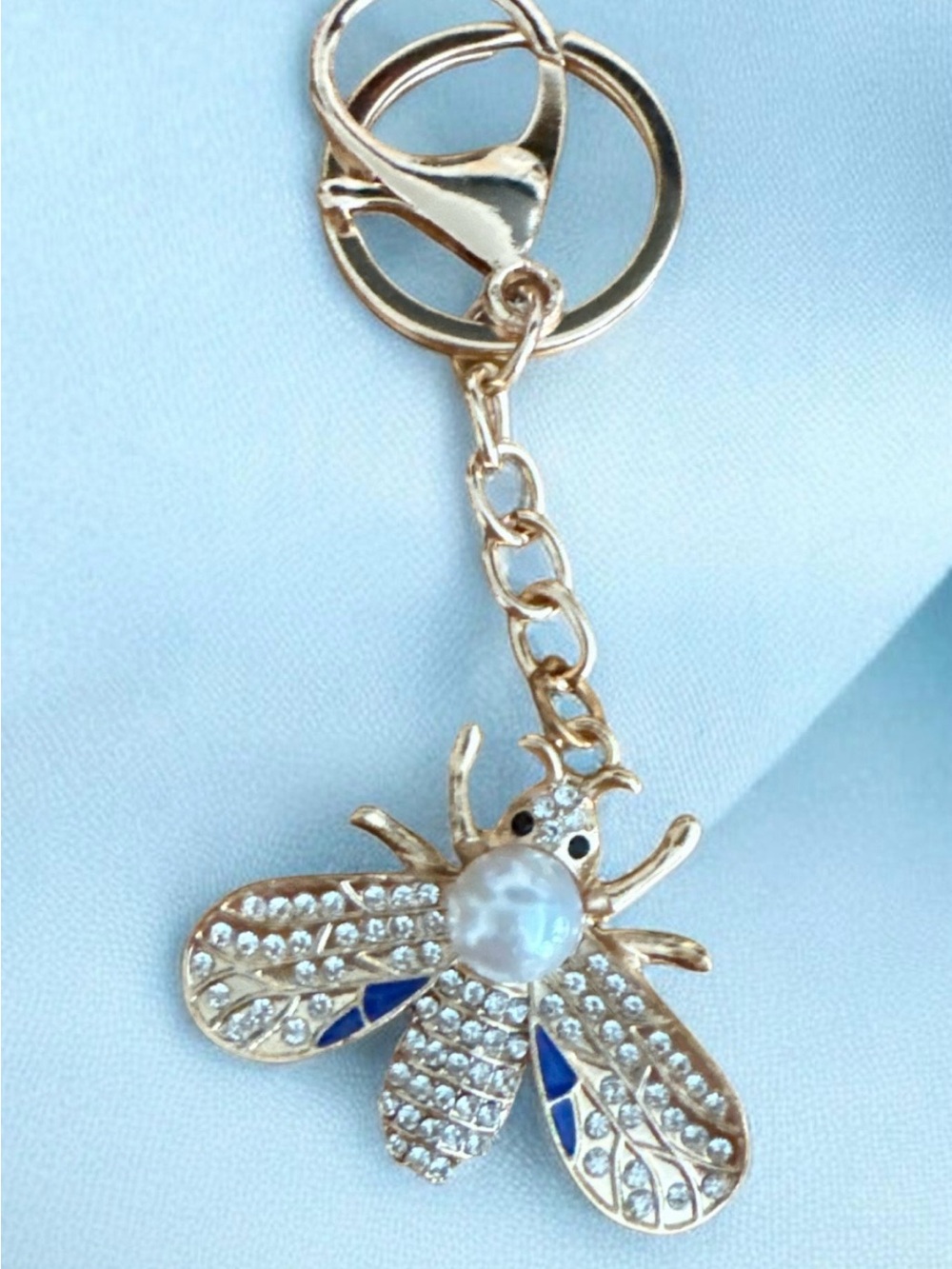 Gold-Tone Bee Pendant Keychain with Pearl and Blue Accents